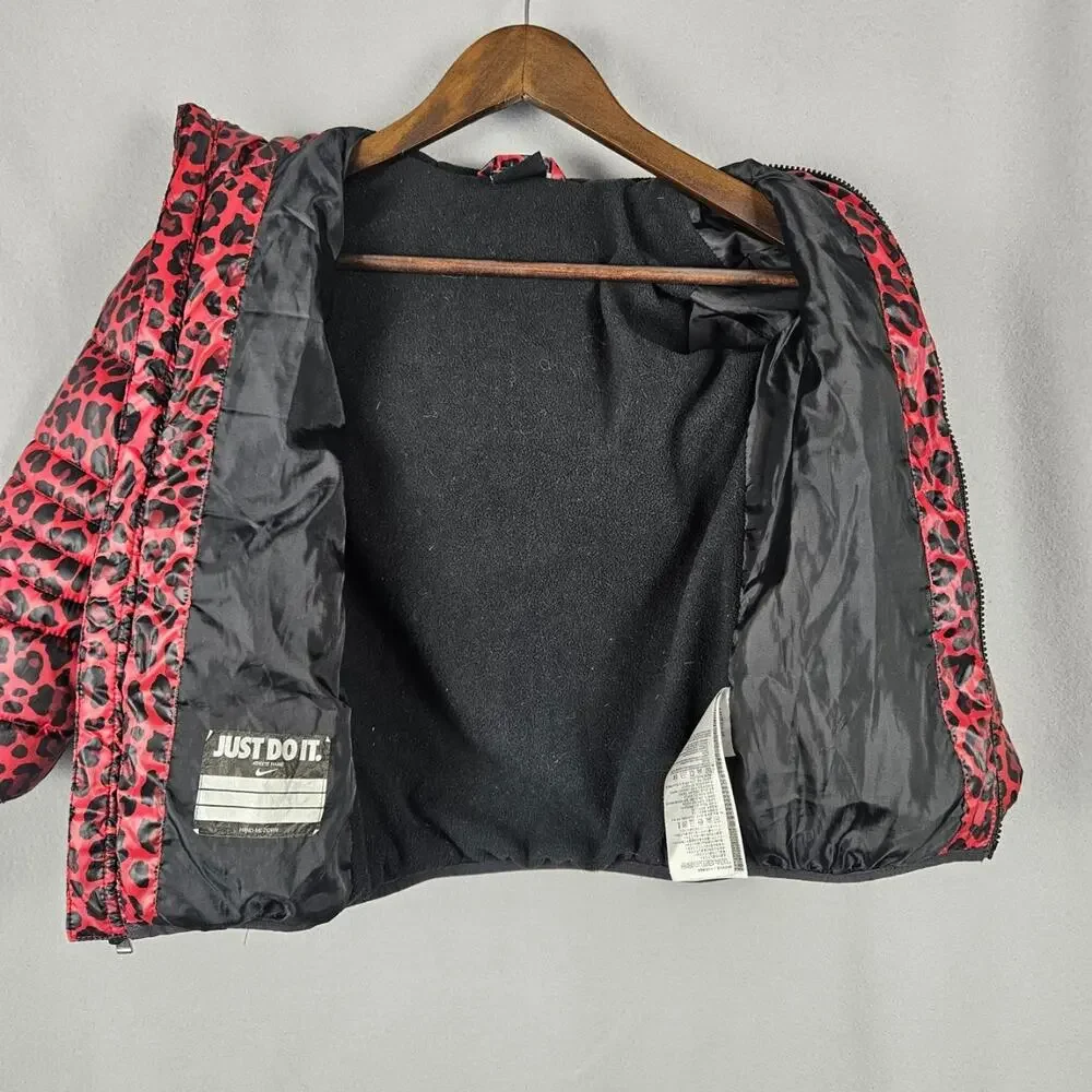 Nike Girls Leopard Print Lined Puffer Jacket Size 4 XS Just Do It Spellout Warm